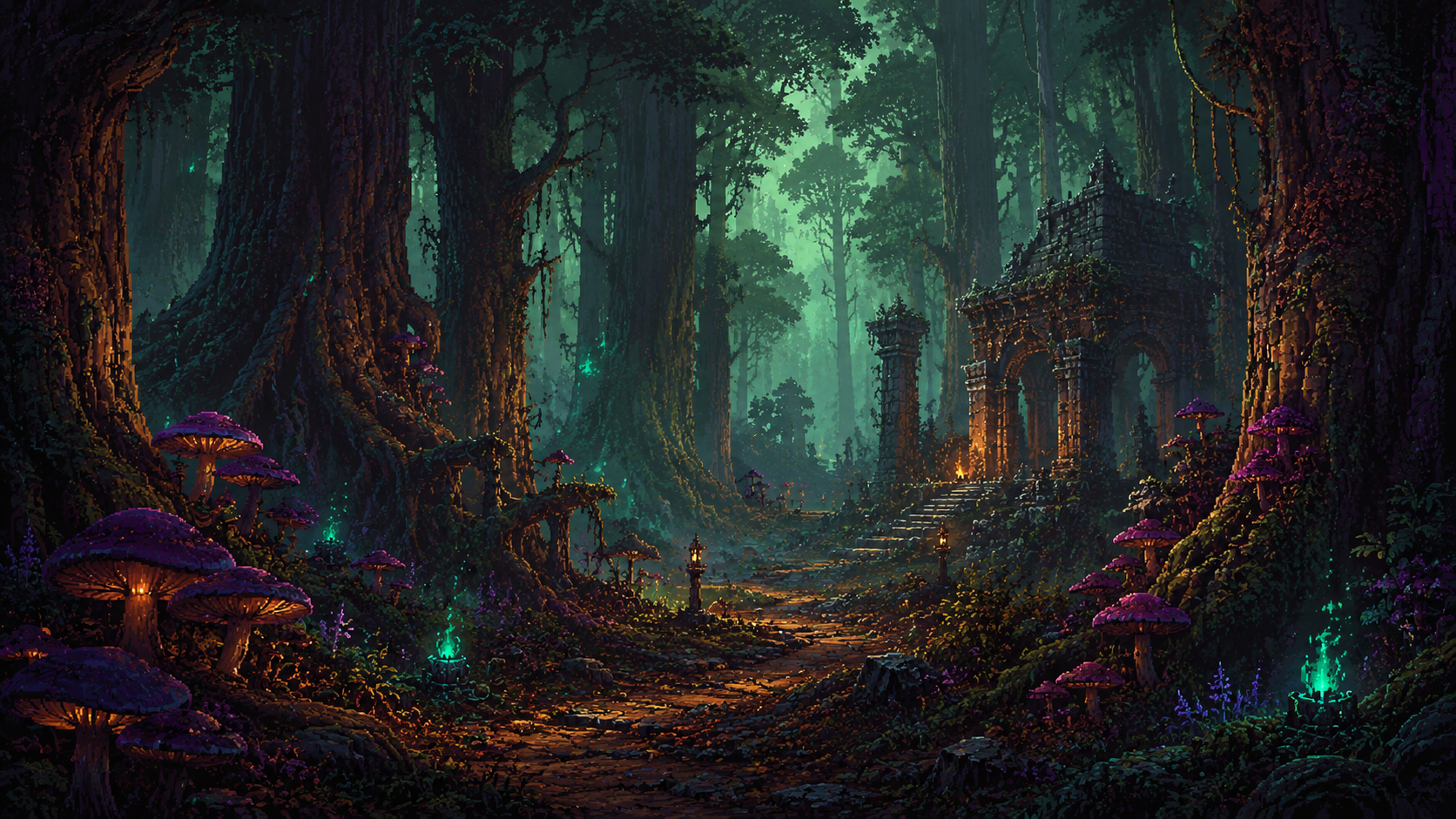 Ancient pixel art forest path with glowing mushrooms and ruins.