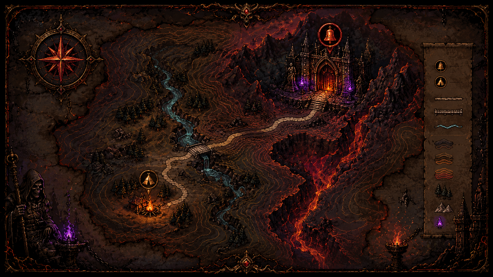 Pixel art topographical map of Ashen Bell Crypt with contour lines, ravine, route, camp marker, and crypt entrance.