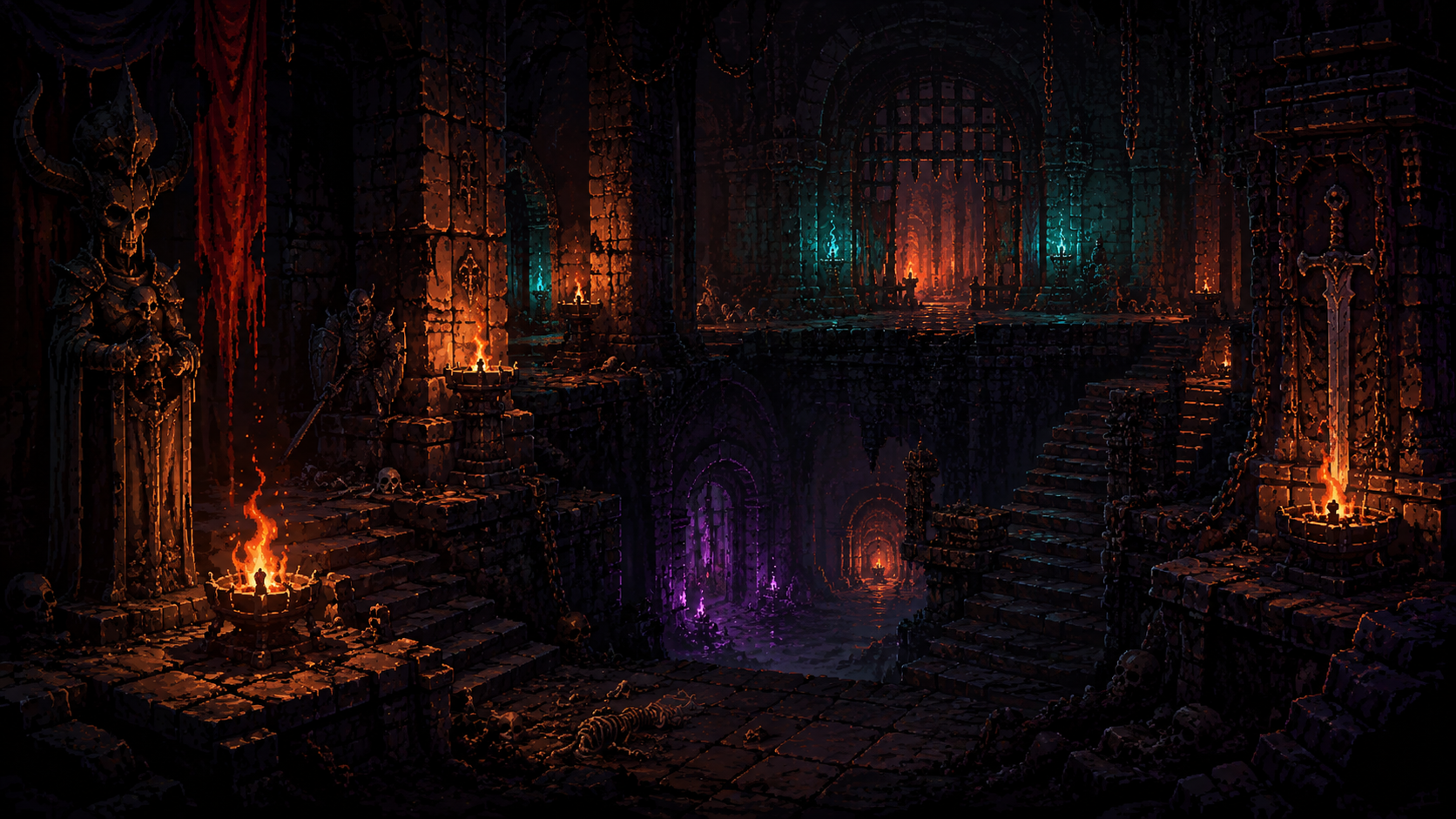 Torchlit pixel art dungeon corridor with iron gates and teal magic.