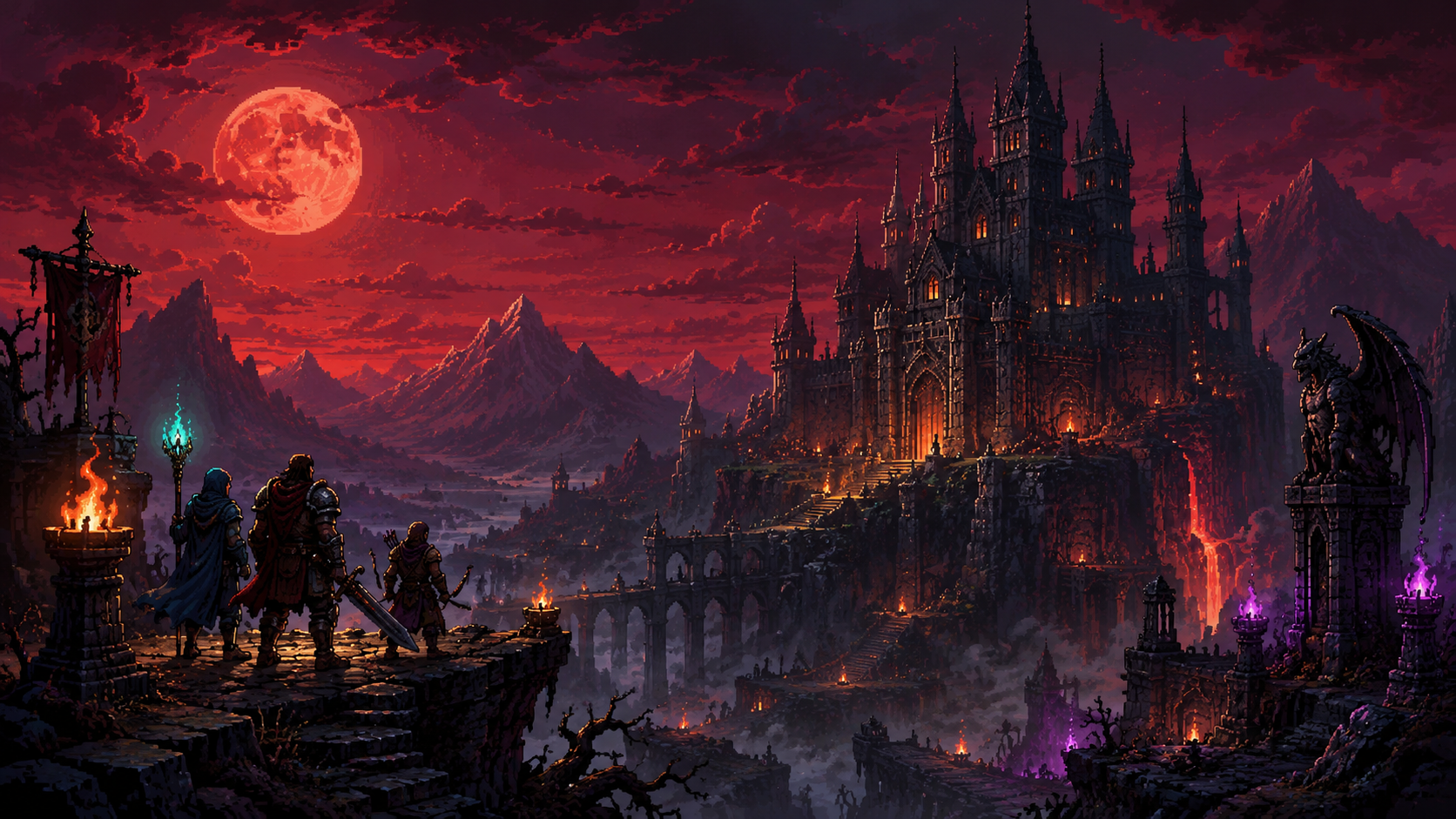 Pixel art fortress under a crimson moon, with adventurers approaching a gothic castle.