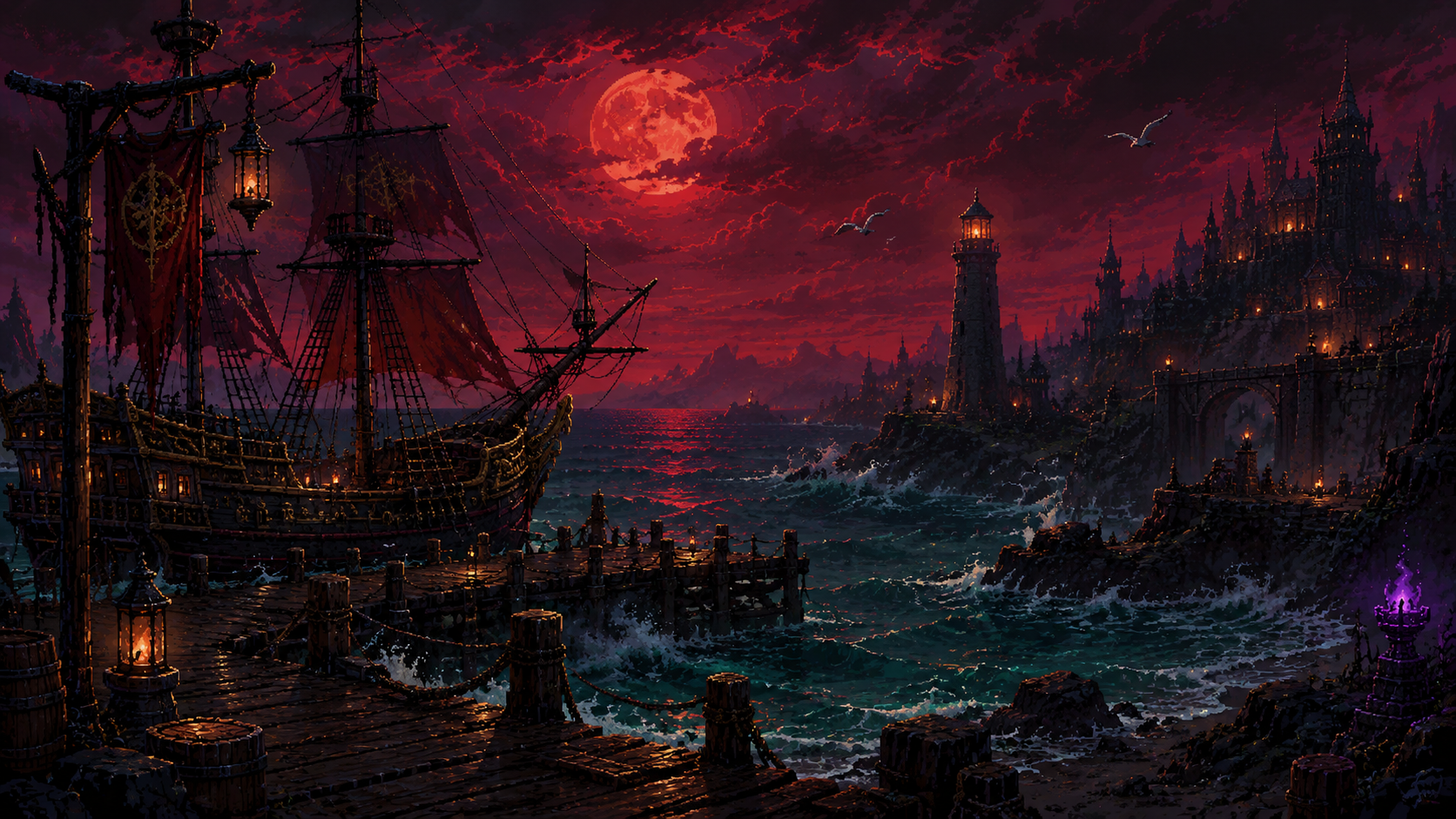 Pixel art storm coast harbor with ship, lighthouse, and crimson moon.