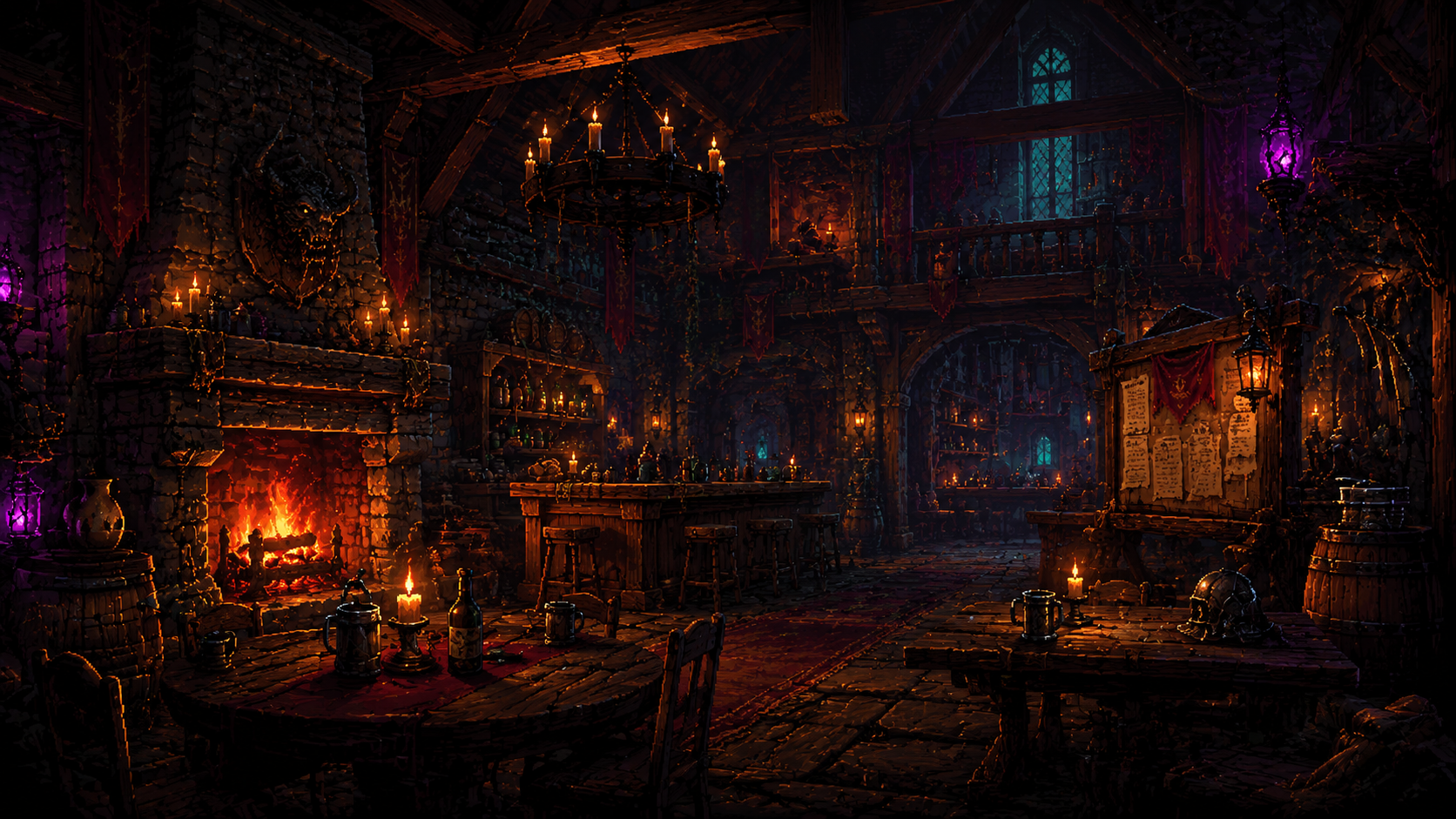 Firelit pixel art fantasy tavern interior with tables and quest board.