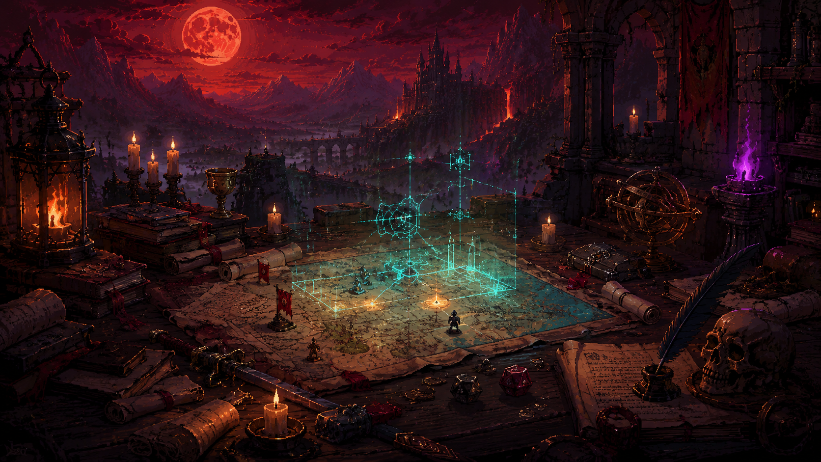 Pixel art fantasy development workbench with magical map, candles, dice, and parchment.